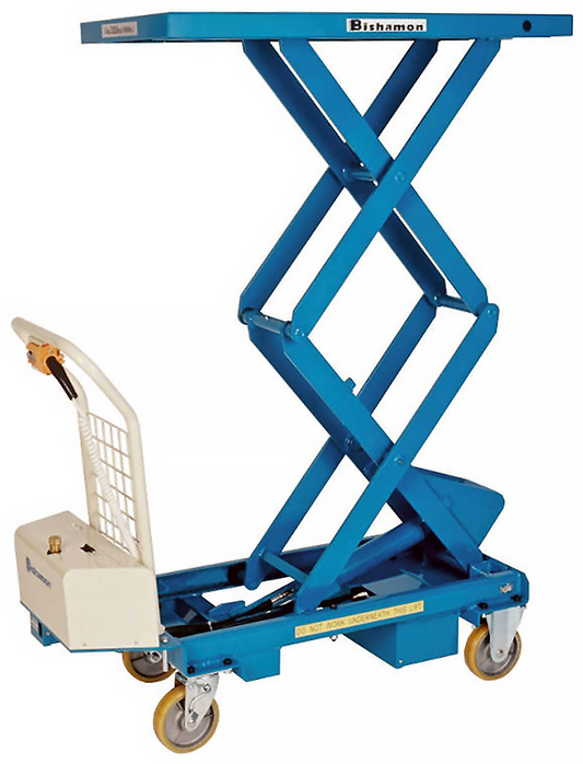 BX-50WB Bishamon MobiLift Electric Mobile Double Scissor Lift Table w/ Battery Push Button Operation & Polyurethane Casters | 1,100lbs Max Capacity 63.2" Raised Height