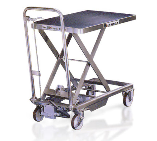 BXS-10 Bishamon MobiLift Manual Mobile Stainless Steel Scissor Lift Table w/ Foot Pump Operation & Polyurethane Casters | 220lbs Max Capacity 28.8" Raised Height